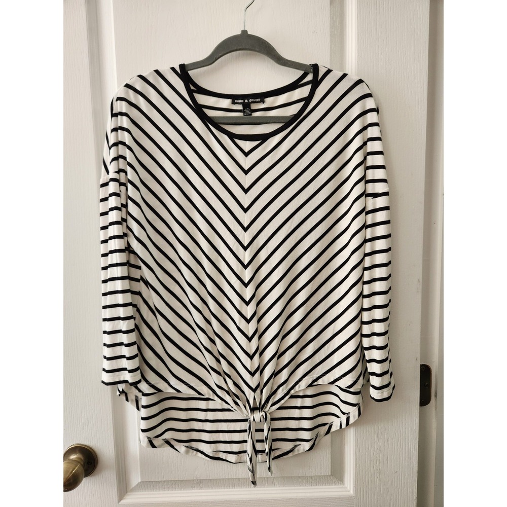 Cable & Gauge Women Striped White/black Long Sleeve Top Scoop Neck Size L